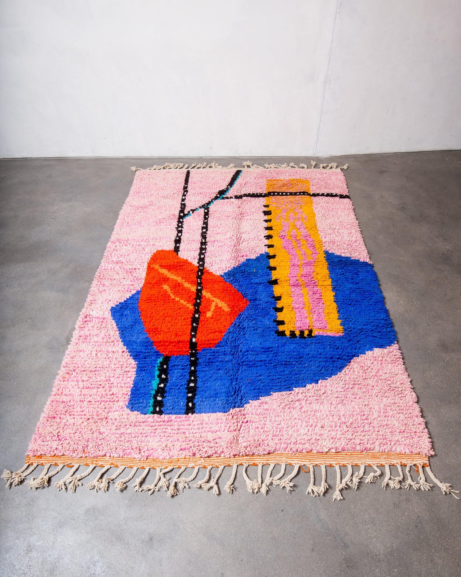 Modern, designer, handcrafted Berber rug from Morocco. Vintage carpet with beautiful colours and patterns and fluffy texture.